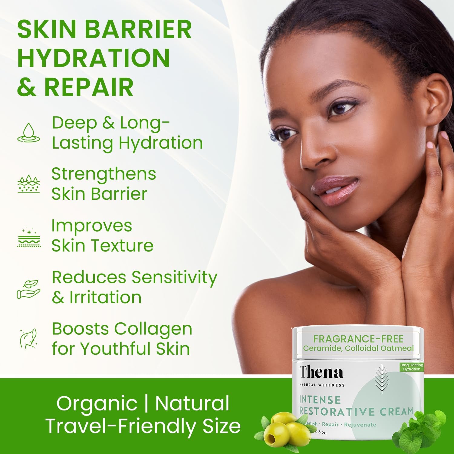 Organic Hydrating & Restorative Face Cream, Fragrance-Free Facial Moisturizer Lotion for Dry, Sensitive Skin with Colloidal Oatmeal, Barrier Repair Ceramides and Anti-Aging Peptides, Travel Size