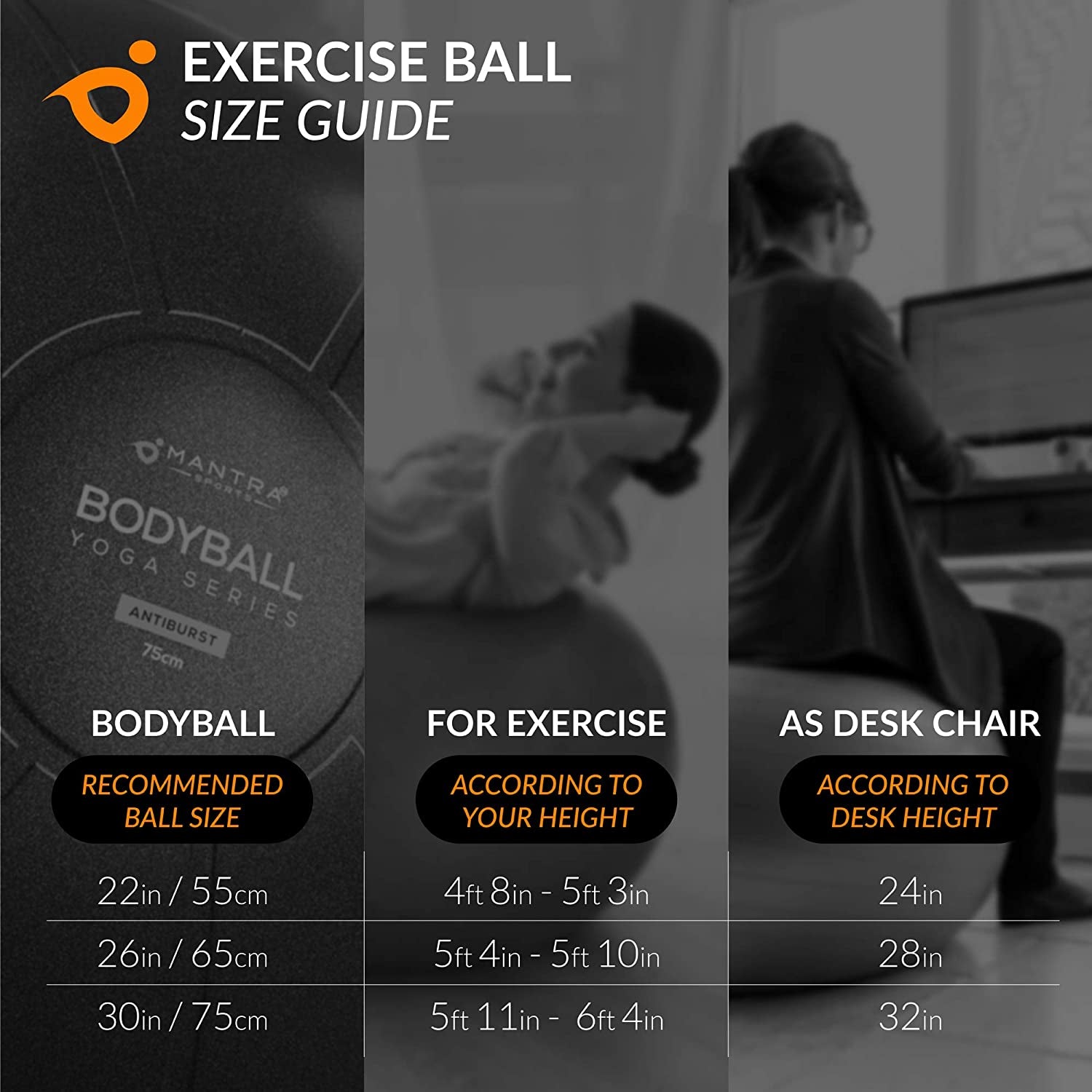Exercise Ball Yoga Ball Chair for Fitness, Stability, Pilates, Pregnancy, Birthing, Therapy or Workout - 55Cm / 65Cm / 75Cm Extra Thick, Anti - Burst & Non - Slip, Gym Quality Balance Ball - Pump & Guide - SPORT ET SANTÉ HUMAIN
