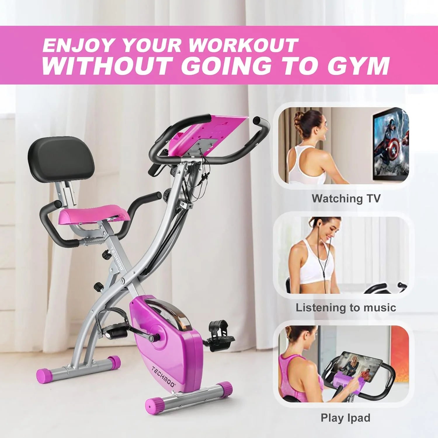 Folding Exercise Bike Portable Upright Adjustable Backrest Cycling Recumbent Stationary Bike Slim Indoor Workout Fitness Cardio Foldable Exercise Bicycle Machine with Pulse Sensor LCD Monitor - SPORT ET SANTÉ HUMAIN