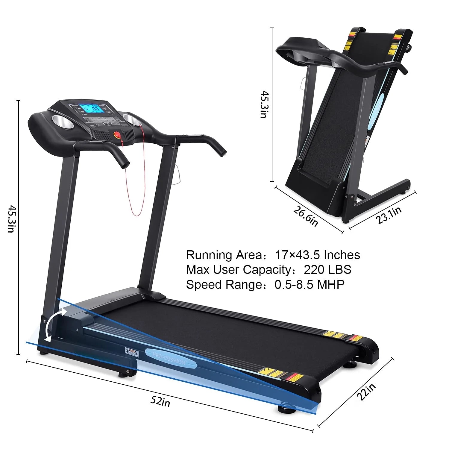 2.5 HP Folding Treadmill with 12 Levels Auto Incline 8.5 Mph Speed 15 Preset Program, 220Lbs Max Weight, for Home Gym - SPORT ET SANTÉ HUMAIN
